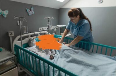 Eine Krankenschwester steht an einem Krankenhausbett und kümmert sich um ein kleines Kind. Sie richtet eine Decke und überprüft die medizinische Versorgung.