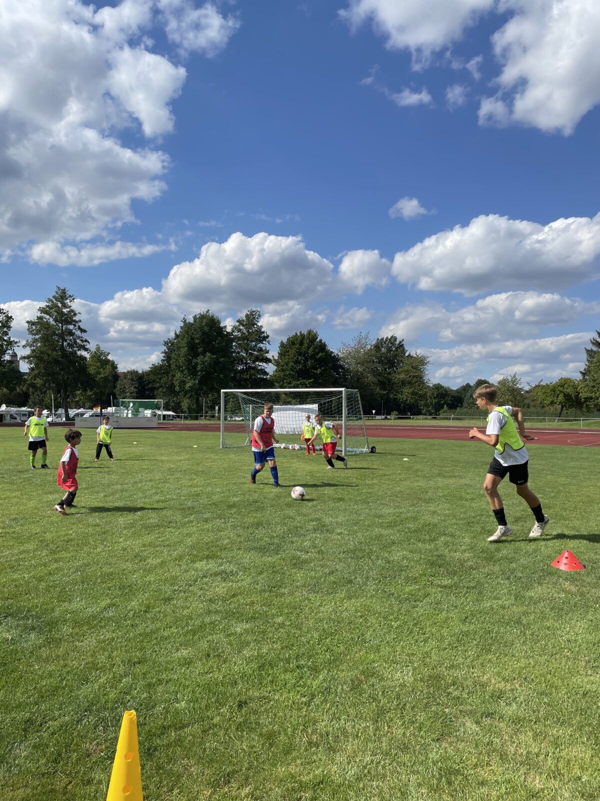 Das Bild zeigt Kinder auf einer grünen Wiese, die Fußball spielen. Im Hintergrund sind Bäume zu sehen und es ist sonniges, leicht bewölktes Wetter. Das eine Team trägt weiße T-Shirts und das andere Team trägt orangene Westen über ihren weißen Westen.