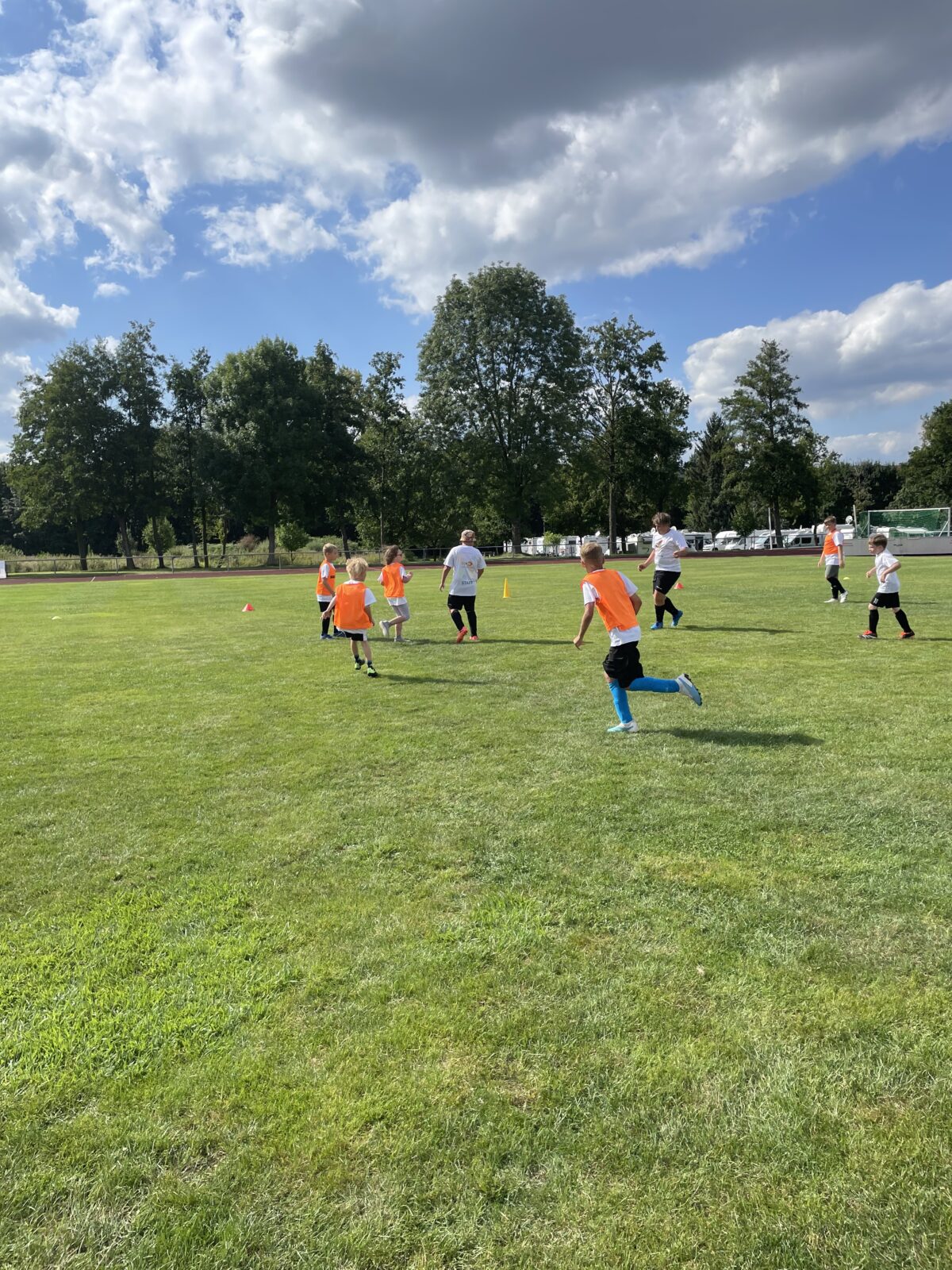 Das Bild zeigt Kinder auf einer grünen Wiese, die Fußball spielen. Im Hintergrund sind Bäume zu sehen und es ist sonniges, leicht bewölktes Wetter. Das eine Team trägt weiße T-Shirts und das andere Team trägt orangene Westen über ihren weißen Westen.