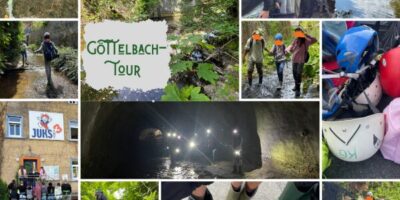 Collage von Bildern der Göttelbach-Tour, die Teilnehmer beim Erkunden eines Baches und eines Tunnels zeigt. Die Gruppe trägt Helme und Gummistiefel, während sie durch Wasser und dichtes Grün wandert. Das Hauptbild zeigt das Logo der Tour, umgeben von verschiedenen Momentaufnahmen der Abenteuer.
