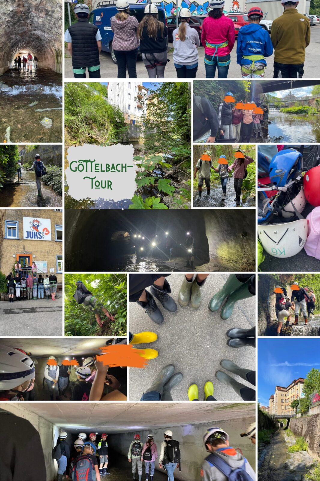 Collage von Bildern der Göttelbach-Tour, die Teilnehmer beim Erkunden eines Baches und eines Tunnels zeigt. Die Gruppe trägt Helme und Gummistiefel, während sie durch Wasser und dichtes Grün wandert. Das Hauptbild zeigt das Logo der Tour, umgeben von verschiedenen Momentaufnahmen der Abenteuer.