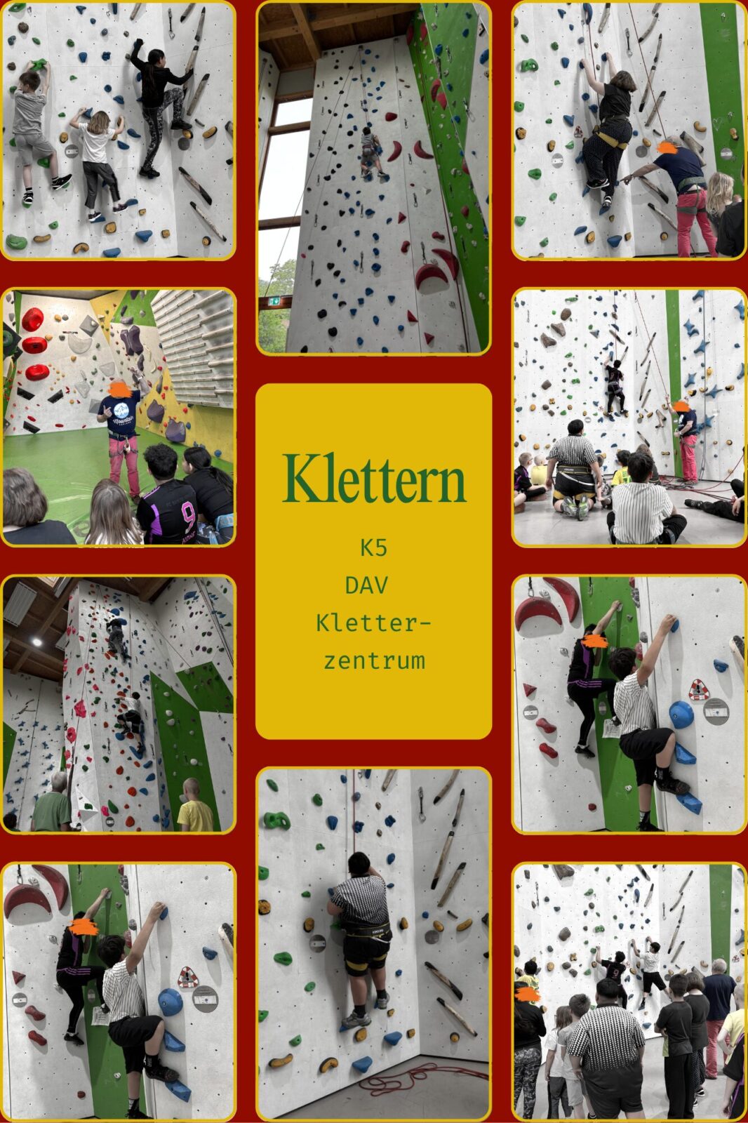 Collage von Bildern aus dem Kletterzentrum K5 des Deutschen Alpenvereins (DAV). Die Fotos zeigen verschiedene Personen beim Klettern an bunten Kletterwänden und beim Beobachten und Anleiten von Klettertechnik. Die zentrale Textbox enthält die Wörter "Klettern K5 DAV Kletterzentrum".