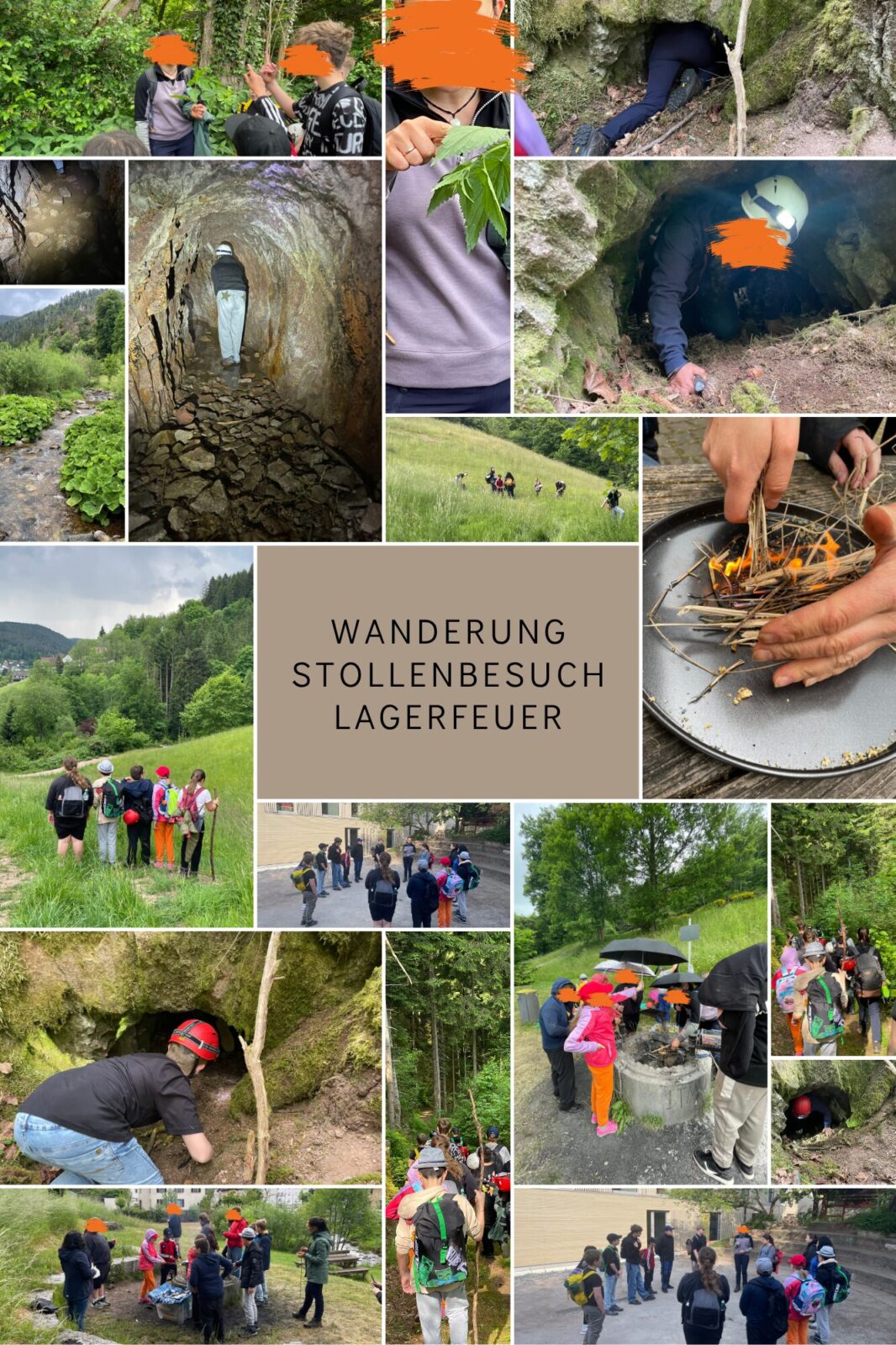 Eine Collage aus Bildern zeigt eine Gruppe von Menschen bei einer Wanderung durch die Natur, den Besuch eines Stollens und das Entzünden eines Lagerfeuers. Die Bilder zeigen verschiedene Aktivitäten wie das Erkunden von Höhlen, das Sammeln von Pflanzen und das Genießen der Landschaft. Im Zentrum der Collage steht der Text "Wanderung, Stollenbesuch, Lagerfeuer".