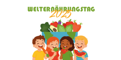 Illustration zum Welternährungstag 2025 mit einer großen Schale voller frischem Obst und Gemüse, darunter Avocado, Karotten, Tomaten und Salatblätter. Im Vordergrund halten vier Kinder verschiedene gesunde Lebensmittel wie Karotten und Wassermelonenstücke in den Händen. Der Hintergrund der Schale zeigt eine Weltkarte, die die globale Bedeutung des Themas Ernährung hervorhebt.