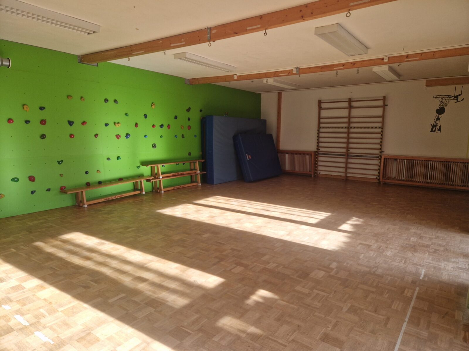 Ein heller Sportraum mit Holzboden und großen Fenstern, durch die Sonnenlicht einfällt. An der grünen Wand befindet sich eine Kletterwand mit bunten Griffen, daneben sind blaue Matten aufgestellt. Rechts ist eine Sprossenwand zu sehen, die für sportliche Aktivitäten genutzt werden kann.