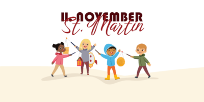 Illustration von vier Kindern, die fröhlich bunte Laternen tragen und sich an den Händen halten, während sie gemeinsam feiern. Im Hintergrund steht in geschwungener Schrift "11. November St. Martin". Die Szene vermittelt eine warme und festliche Atmosphäre des traditionellen Laternenumzugs zu Ehren von St. Martin.