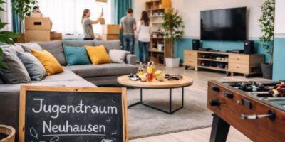 Ein modern eingerichteter Gemeinschaftsraum mit gemütlichem grauen Sofa, bunten Kissen und einem runden Holztisch, auf dem Snacks und Getränke stehen. Im Vordergrund ist eine Kreidetafel mit der Aufschrift „Jugendtraum Neuhausen“ sowie ein Tischkicker zu sehen. Der Raum ist hell und freundlich gestaltet, mit einer großen Fensterfront, Pflanzen und dekorativer Beleuchtung.