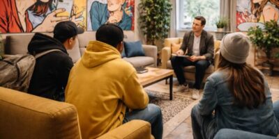 Eine Gruppe von jungen Menschen sitzt in einem modern eingerichteten Raum mit gemütlichen Sofas und einem Couchtisch. Im Hintergrund sind bunte Wandbilder sowie Pflanzen zu sehen, die eine einladende Atmosphäre schaffen. Die Szene deutet auf ein Gespräch oder eine Besprechung hin.