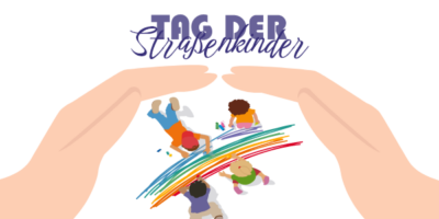 Illustration zum „Tag der Straßenkinder“ mit dem Schriftzug in lila Schrift. Kinder malen gemeinsam einen bunten Regenbogen, der von schützenden Händen umrahmt wird. Das Bild symbolisiert Fürsorge und Unterstützung für Straßenkinder weltweit.
