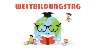 Illustration einer Weltkugel mit Brille und Absolventenkappe, die ein Buch in der Hand hält und liest. Daneben sitzen Kinder mit Büchern in der Hand - ebenfalls am lesen. Über der Illustrationen steht in Großbuchstaben das Wort "Weltbildungstag".