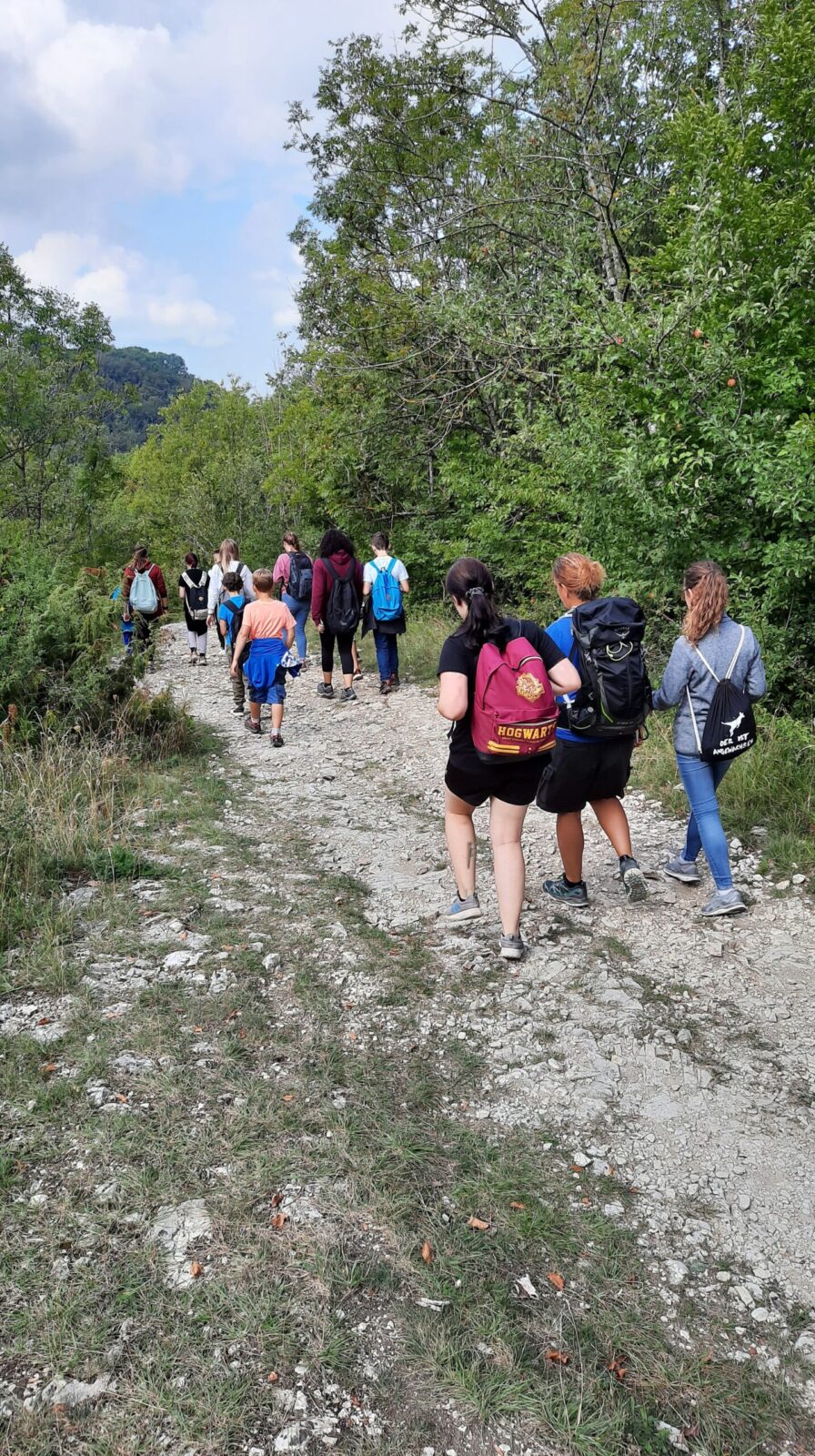 Eine Gruppe von Menschen wandert auf einem steinigen Weg durch eine grüne, bewaldete Landschaft. Einige tragen Rucksäcke, darunter ein auffälliger roter Rucksack mit der Aufschrift "Hogwarts". Der Weg führt leicht bergauf, und im Hintergrund sind Hügel und blauer Himmel zu sehen.