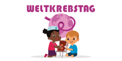 Illustration zum Weltkrebstag mit einer rosa Weltkugel und einer Schleife im Hintergrund. Im Vordergrund spielen zwei Kinder, ein Mädchen mit Arztkittel und ein Junge, die gemeinsam einen Teddybären behandeln. Das Bild symbolisiert Hoffnung, Zusammenhalt und Bewusstsein für den Kampf gegen Krebs.