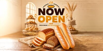 Eine Werbeanzeige für eine Bäckerei zeigt verschiedene Brotsorten auf einem Tisch. Im Hintergrund sind Regale mit weiteren Backwaren zu sehen. Der Text "NOW OPEN" ist prominent in der Mitte platziert.