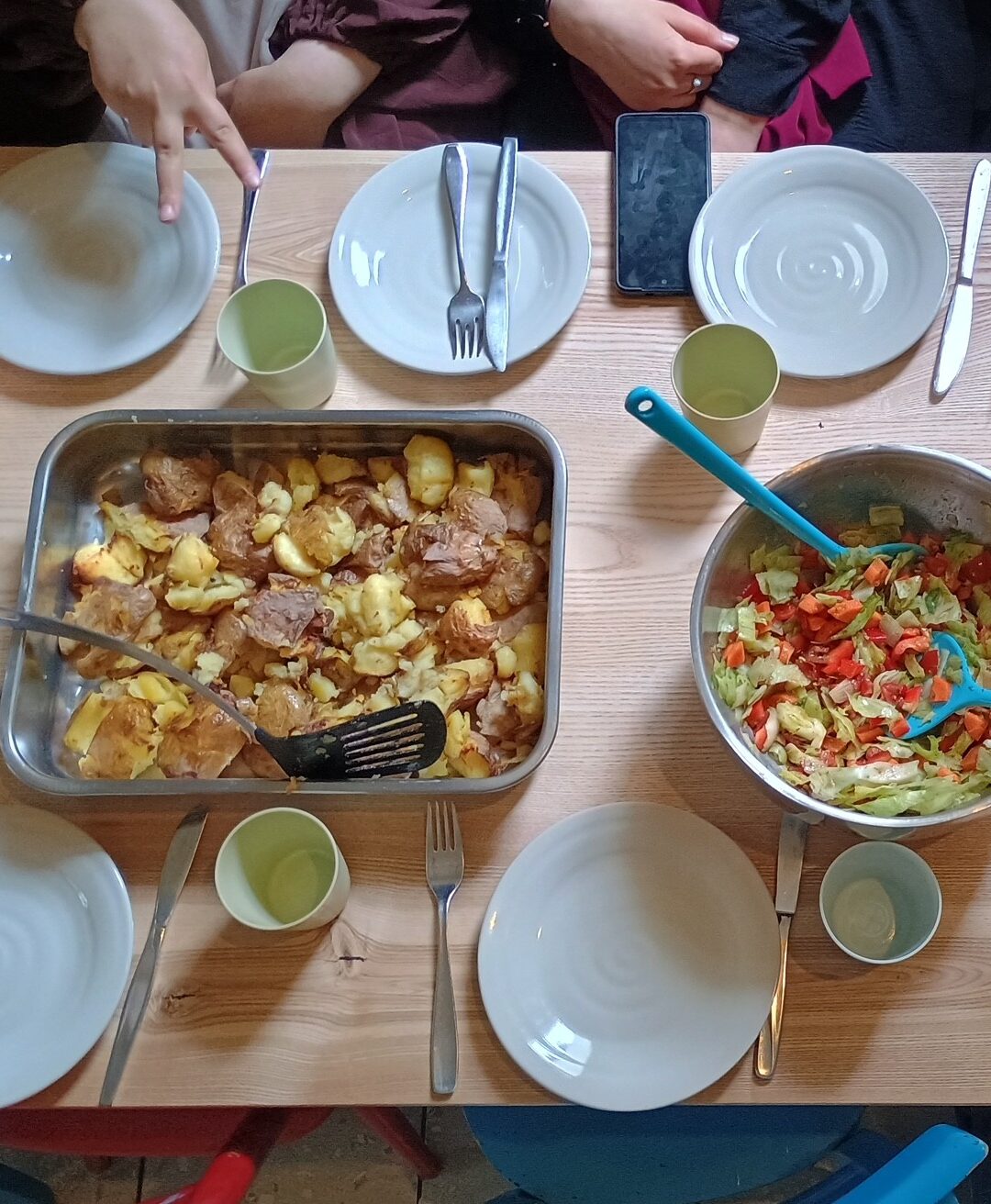 Ein gedeckter Tisch mit Tellern und Besteck. In Der Mitte des Tisches steht eine Auflaufform mit Kartoffeln und daneben steht eine Salatschüssel mit einem gemischten Salat drinnen.