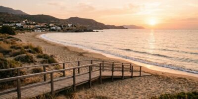 Die Sonne geht über einem Strand unter, der über eine Holzbrücke erreichbar ist. Im Hintergrund sind einige Häuser zu sehen.