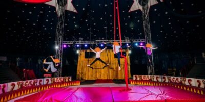 Vier junge Mädchen trainieren gemeinsam in der Zirkusmanege an verschiedenen Tüchern und Ringen. Die Kulisse ist eine goldene Bühne mit einem sternenübersäten Zirkuszeltdach. Die Atmosphäre wirkt lebendig und dynamisch, mit farbigem Bühnenlicht.