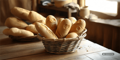 Ein Korb voller frischer Baguettes steht auf einem rustikalen Holztisch in einer gemütlichen Küche. Im Hintergrund sind weitere Baguettes auf einem Regal zu sehen, zusammen mit Keramikgeschirr und Küchenutensilien. Sonnenlicht strömt durch ein Fenster und beleuchtet die Szene, wodurch eine warme und einladende Atmosphäre entsteht.