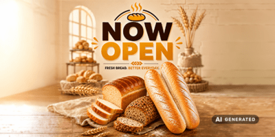 Eine Werbeanzeige für eine Bäckerei zeigt verschiedene Brotsorten auf einem Tisch. Im Hintergrund sind Regale mit weiteren Backwaren zu sehen. Der Text "NOW OPEN" ist prominent in der Mitte platziert.