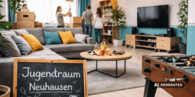 Ein modern eingerichteter Gemeinschaftsraum mit gemütlichem grauen Sofa, bunten Kissen und einem runden Holztisch, auf dem Snacks und Getränke stehen. Im Vordergrund ist eine Kreidetafel mit der Aufschrift „Jugendtraum Neuhausen“ sowie ein Tischkicker zu sehen. Der Raum ist hell und freundlich gestaltet, mit einer großen Fensterfront, Pflanzen und dekorativer Beleuchtung.