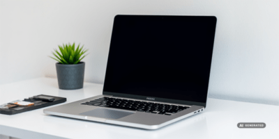 Moderner, silberner Laptop mit schwarzem Bildschirm auf einem weißen Schreibtisch neben einem kleinen Pflanzentopf und einem Grafiktablett, vor neutralem Hintergrund.