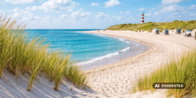 Sandstrand mit grasbewachsenen Dünen, der sanft ins türkisfarbene Meer übergeht. Im Hintergrund ist ein rot-weiß gestreifter Leuchtturm zu sehen, umgeben von grüner Vegetation. Strandkörbe stehen entlang des Strandes unter einem klaren, blauen Himmel mit vereinzelten Wolken.