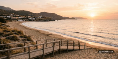 Die Sonne geht über einem Strand unter, der über eine Holzbrücke erreichbar ist. Im Hintergrund sind einige Häuser zu sehen.