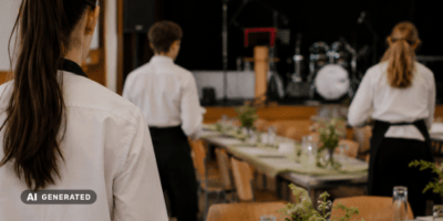 Drei Personen, gekleidet in weißen Hemden und schwarzen Schürzen, stehen in einem Saal vor einem festlich gedeckten Tisch. Der Saal ist mit Musikinstrumenten und Bühnenbeleuchtung ausgestattet, was auf eine bevorstehende Veranstaltung oder einen besonderen Anlass hinweist.