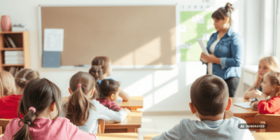 Ein helles, modern eingerichtetes Klassenzimmer mit großen Fenstern, durch die Sonnenlicht fällt. Mehrere Grundschulkinder sitzen an hölzernen Schultischen, mit dem Rücken zur Kamera, und hören aufmerksam einer Lehrerin zu. Die Lehrerin, eine junge Frau mit zusammengebundenen Haaren, trägt eine Jeansjacke und hält Unterrichtsmaterialien in der Hand. An der Wand hängt eine grüne Tafel mit Lernmaterialien, daneben ein leeres Pinnbrett. Die Schüler wirken konzentriert, einige schreiben in ihre Hefte.