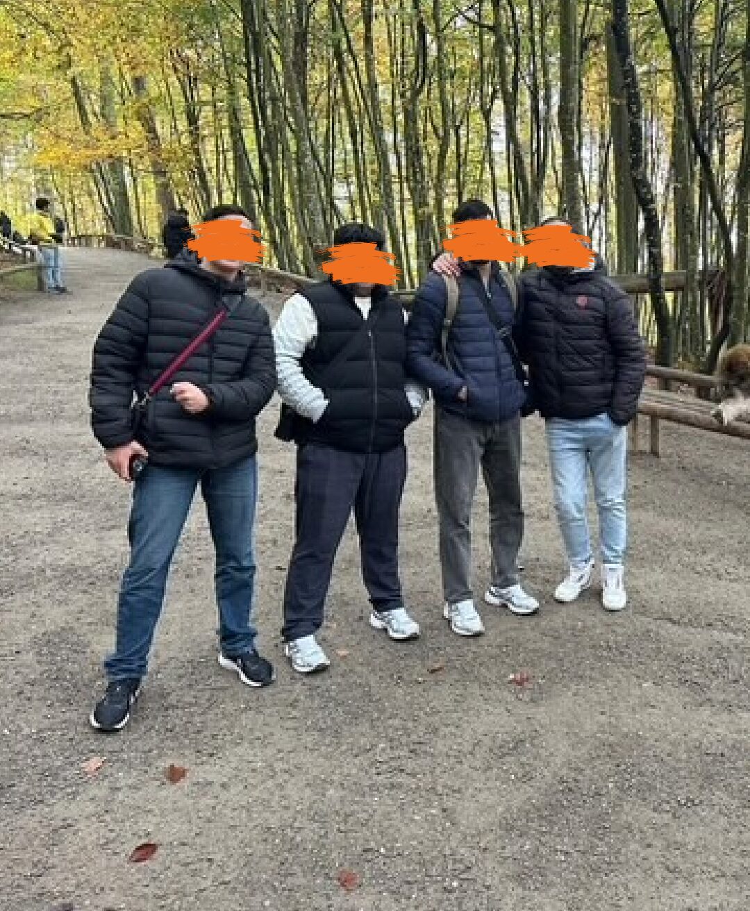 Vier Personen stehen nebeneinander auf einem Weg, umgeben von herbstlichen Bäumen. Ihre Gesichter sind unkenntlich gemacht.