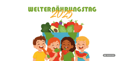 Illustration zum Welternährungstag 2025 mit einer großen Schale voller frischem Obst und Gemüse, darunter Avocado, Karotten, Tomaten und Salatblätter. Im Vordergrund halten vier Kinder verschiedene gesunde Lebensmittel wie Karotten und Wassermelonenstücke in den Händen. Der Hintergrund der Schale zeigt eine Weltkarte, die die globale Bedeutung des Themas Ernährung hervorhebt.