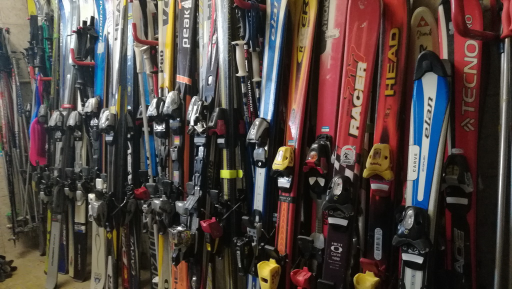In diesem Bild sind viele Skier unterschiedlicher Marken und Modelle zu sehen, die ordentlich nebeneinander aufgereiht sind. Die Skier sind vertikal an einer Wand befestigt und zeigen eine Vielzahl von Farben und Designs. Im Hintergrund sind auch einige Skistöcke zu erkennen, die ebenfalls in einer geordneten Weise gelagert sind.