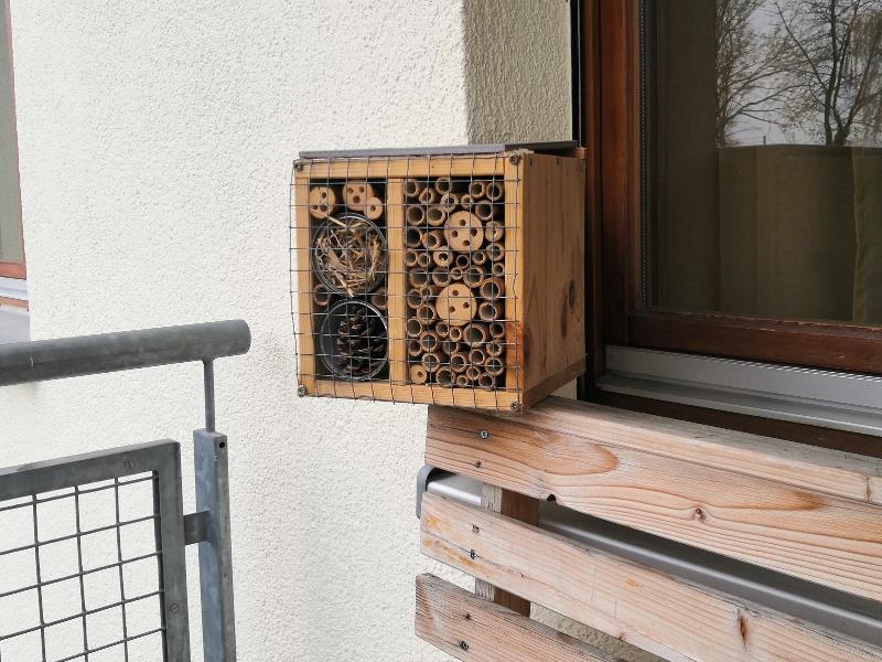 Das Bild zeigt ein Insektenhotel, das an einer Wand neben einem Fenster und einem Geländer befestigt ist. Das Insektenhotel besteht aus verschiedenen Materialien wie Holz und Bambusrohren, die von einem Drahtgitter geschützt werden. Es bietet Unterschlupf und Nistmöglichkeiten für verschiedene Insektenarten.