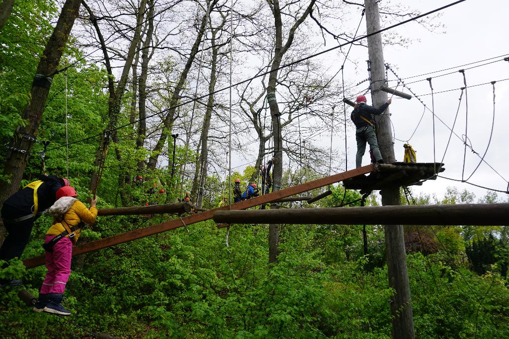Eine Gruppe von Menschen, die Kletterausrüstung tragen, navigiert durch einen Hochseilgarten in einem Waldgebiet. Sie balancieren auf Holzplanken und sind durch Seile gesichert, während sie zwischen hohen Bäumen klettern. Das Bild zeigt eine grüne, bewaldete Umgebung und eine spannende Outdoor-Aktivität.