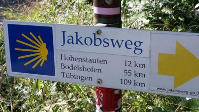 Ein Schild mit der Aufschrift "Jakobsweg" zeigt die Entfernungen zu verschiedenen Orten an. Das Schild ist an einem Holzpfahl befestigt und von grüner Vegetation umgeben.