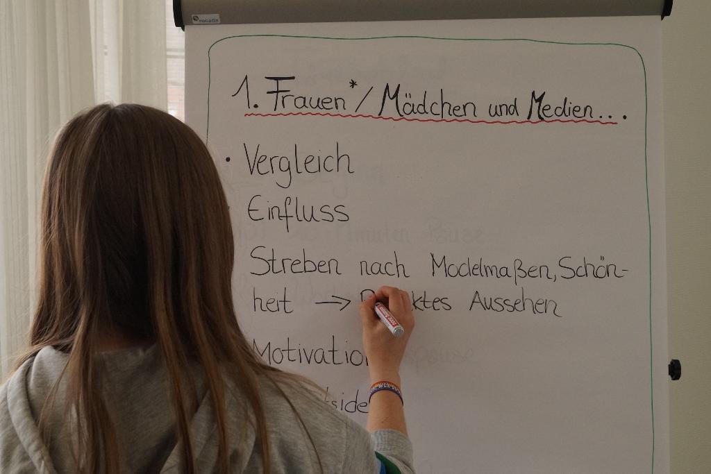 Eine Frau steht vor einem Whiteboard und schreibt etwas darauf. Sie scheint eine Präsentation oder Unterrichtsstunde zu halten.