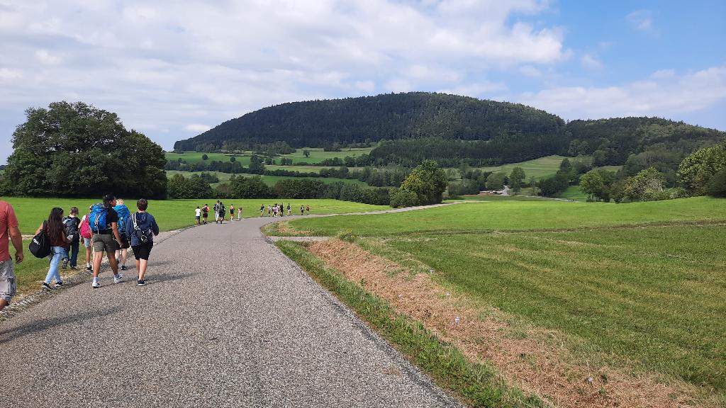 Eine Gruppe von Menschen wandert auf einem gepflasterten Weg durch eine grüne Landschaft mit sanften Hügeln und einem bewaldeten Berg im Hintergrund. Der Himmel ist teilweise bewölkt, und die Umgebung wirkt friedlich und einladend. Die Wanderer tragen Rucksäcke und sind in Freizeitkleidung gekleidet.