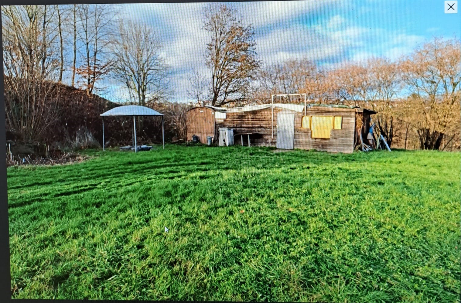 Grüne Wiese mit einem alten Holzschuppen und einem Pavillon im Hintergrund, umgeben von kahlen Bäumen unter einem bewölkten Himmel.