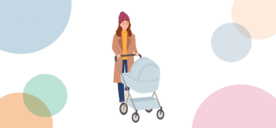 Das Bild zeigt die Illustration einer Frau, die einen hellblauen Kinderwagen schiebt. Der Hintergrund ist weiß und es schweben verschiedenfarbige Kreise herum.