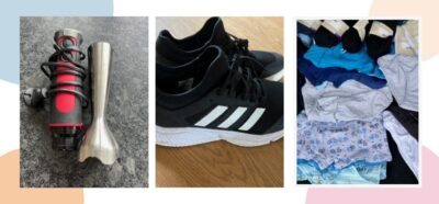 Das Bild zeigte eine Collage aus drei Bildern. Auf dem einen Bild ist ein Pürrierstab zu sehen. Das Bild in der Mitte zeigt ein paar schwarze Adidas und das letzte Bild zeigt Unterwäsche und Socken.