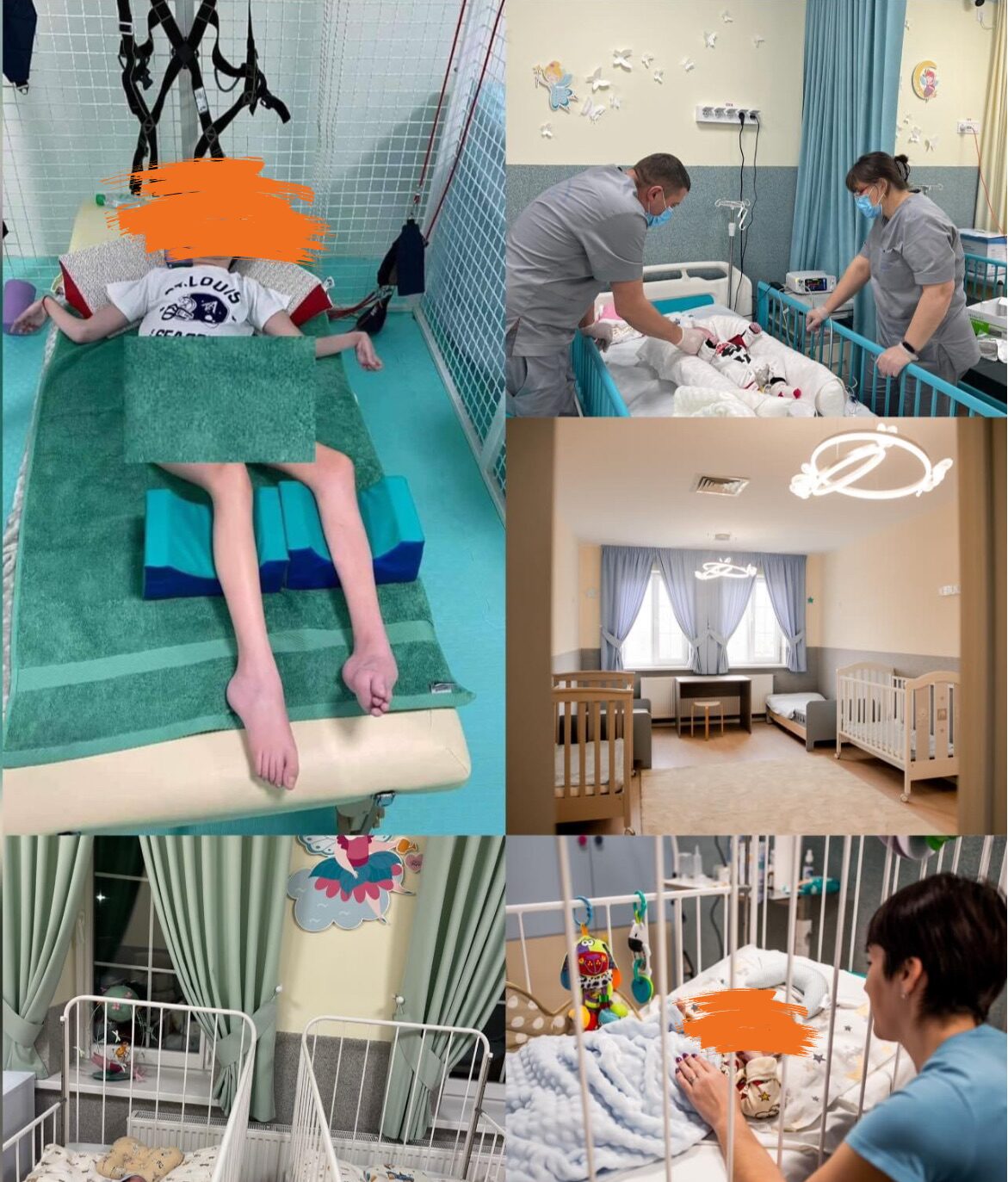 Das Bild zeigt eine Collage aus insgesamt 5 Bildern. Die Bilder zeigen Kinder im Hospitz und ihre Pfleger:innen.