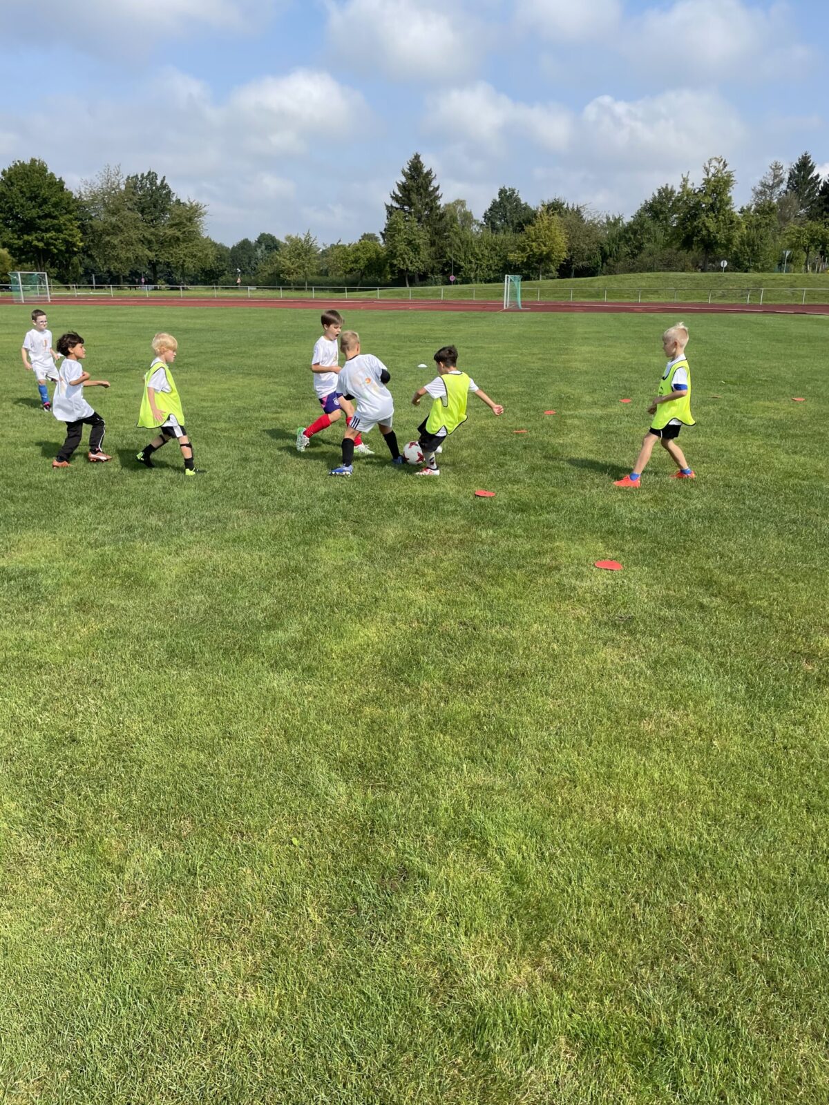 Mehrere Kinder in weißen T-Shirts und Sportkleidung rennen über eine große Wiese und spielen Fußball. Einige Kinder sprinten dem Ball hinterher, während andere strategisch ihre Position halten. Der Himmel ist leicht bewölkt.