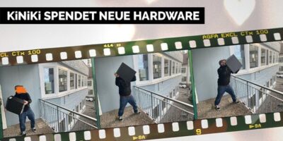 Das Bild zeigt einen Filmstreifen, der aus insgesamt 3 Bilder besteht. Die Bilder stellen eine Handlung dar und zwar zeigen sie einen Mann, der einen alten Computer in der Hand hat und so tut, als würde er diesen von einem Balkon runter auf den Boden werfen.