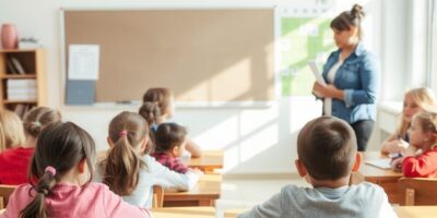 Ein helles, modern eingerichtetes Klassenzimmer mit großen Fenstern, durch die Sonnenlicht fällt. Mehrere Grundschulkinder sitzen an hölzernen Schultischen, mit dem Rücken zur Kamera, und hören aufmerksam einer Lehrerin zu. Die Lehrerin, eine junge Frau mit zusammengebundenen Haaren, trägt eine Jeansjacke und hält Unterrichtsmaterialien in der Hand. An der Wand hängt eine grüne Tafel mit Lernmaterialien, daneben ein leeres Pinnbrett. Die Schüler wirken konzentriert, einige schreiben in ihre Hefte.