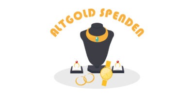Illustration eines schwarzen Schmuckständers mit einer goldenen Halskette mit grünem Edelstein. Um den Ständer herum liegen verschiedene goldene Schmuckstücke, darunter ein Paar Ringe, eine goldene Armbanduhr und zwei goldene Ringe mit roten Steinen in kleinen Schatullen. Darüber ist der Schriftzug "ALTGOLD SPENDEN" in geschwungenen, goldfarbenen Buchstaben angeordnet.
