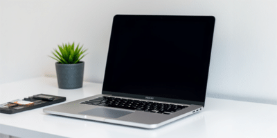 Moderner, silberner Laptop mit schwarzem Bildschirm auf einem weißen Schreibtisch neben einem kleinen Pflanzentopf und einem Grafiktablett, vor neutralem Hintergrund.