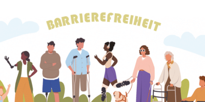 Eine diverse Gruppe von Menschen mit verschiedenen Behinderungen steht unter dem Schriftzug "Barrierefreiheit". Die Szene zeigt Personen mit Prothesen, Krücken, einem Blindenhund und einem Rollator, die gemeinsam die Vielfalt und Inklusion symbolisieren.