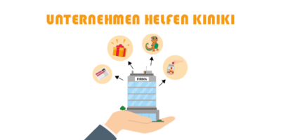Illustration eines Firmengebäudes, das auf einer ausgestreckten Hand ruht, symbolisierend für Unterstützung und Verantwortung. Um das Gebäude herum sind Symbole wie ein Geschenk, ein Maskottchen (Echse), eine Spardose und eine Zeitung abgebildet, die verschiedene Arten von Engagement darstellen. Darüber steht der Schriftzug „Unternehmen helfen KiNiKi“, der auf ein Hilfsprojekt oder eine soziale Initiative hinweist.