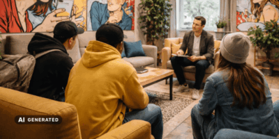 Eine Gruppe von jungen Menschen sitzt in einem modern eingerichteten Raum mit gemütlichen Sofas und einem Couchtisch. Im Hintergrund sind bunte Wandbilder sowie Pflanzen zu sehen, die eine einladende Atmosphäre schaffen. Die Szene deutet auf ein Gespräch oder eine Besprechung hin.