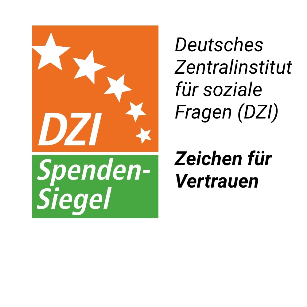 Das Bild zeigt das DZI Spendensiegel des Deutschen Zentralinstituts für soziale Fragen (DZI). Es besteht aus einem orangefarbenen Bereich mit weißen Sternen und der Aufschrift "DZI" sowie einem grünen Bereich mit der Aufschrift "Spendensiegel". Rechts daneben steht der Text "Deutsches Zentralinstitut für soziale Fragen (DZI) Zeichen für Vertrauen". Das Siegel symbolisiert Vertrauen und Transparenz bei der Verwendung von Spendengeldern.